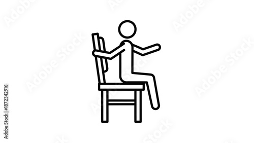 Relaxed stick figure man sitting comfortably on a chair, representing rest and waiting, on an isolated white background.