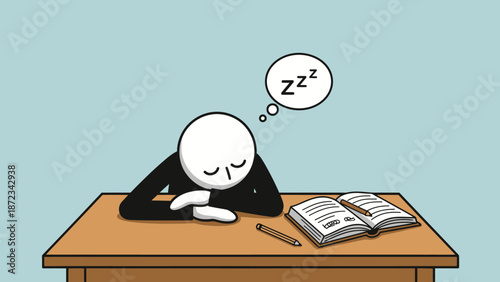 Tired stick figure man sleeping soundly at a wooden desk with an open book, symbolizing boredom or exhaustion from studying, in a room with a light blue background.