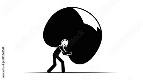 Stressed stick figure man struggling to carry a huge, heavy, round object on his back, symbolizing an overwhelming burden, on an isolated white background.