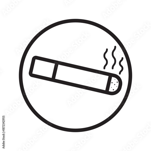 Simple black and white illustration of a lit cigarette with smoke coming out, enclosed in a circular border, symbolizing tobacco use