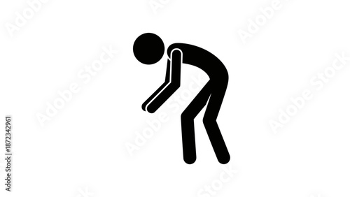 Tired stick figure man bending down, appearing exhausted and burdened, on an isolated white background.