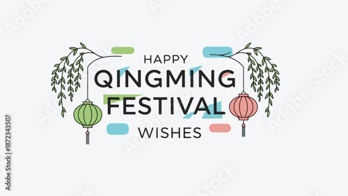 Happy qingming festival wishes simple line art with lanterns and willow branches on white background