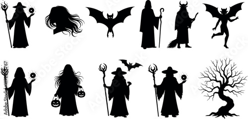 Mysterious Halloween Silhouette Collection Featuring Witches with Magic Staffs Spooky Bats Haunted Trees Gothic Female Profiles and Dark Fantasy Wizard Elements