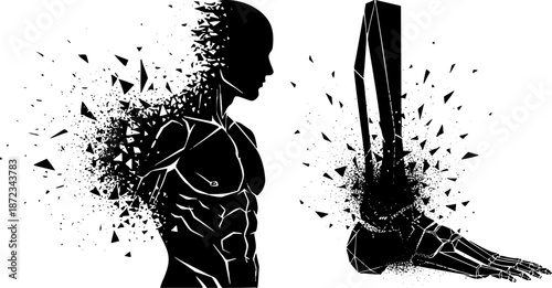 Human body silhouette shattering, foot ankle pain and injury concept.