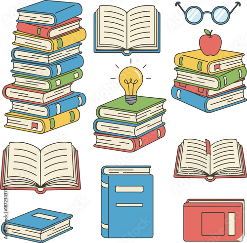 book clipart,open book icon,reading book set,sun glasses,idea book illustration