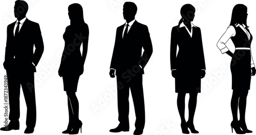 Professional Business People Silhouettes Collection Featuring Diverse Men and Women in Formal Suits and Corporate Attire for Modern Office Concepts