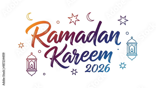 Ramadan kareem 2026 festive greeting with lanterns and stars on white background