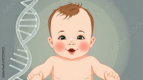 Baby with DNA Model Background Representing Genetics