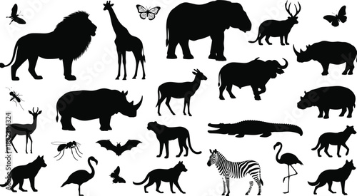 Animal silhouette vector set, diverse wild mammals birds and insects, safari and jungle wildlife collection, educational nature elements, black and white illustration pack