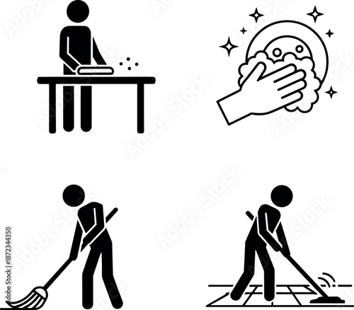 Professional Housekeeping and Cleaning Service Icons Featuring Person Wiping Surface Washing Dishes Sweeping Floor and Mopping Tiles in Vector Style
