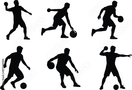 Basketball player silhouettes set showing dribbling, passing and shooting actions, sport activity vector illustration for training, competition, fitness, team play concepts