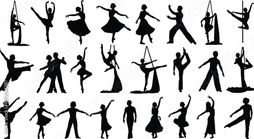 Ballet and contemporary dancer silhouettes in elegant poses, expressive dance movement collection vector illustration for choreography, performance, art, theater background design