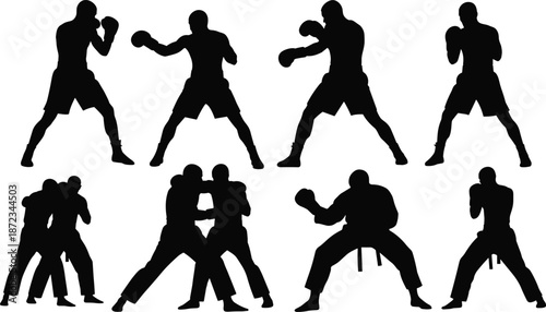 Boxing fighter silhouettes performing punches, guards, sparring, and combat stances, professional training poses, isolated black vector illustration for boxing sport and fight concepts