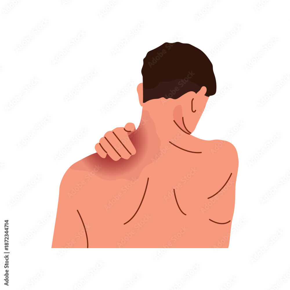 Fototapeta premium WebA young man is holding his sore shoulder. Tension in the shoulders and neck. A tense body against a backdrop of stress. Shoulder tension. Vector illustration isolated on a white background.