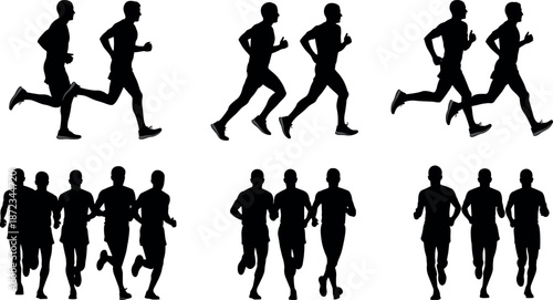 Set of runner silhouettes in different groups and poses showing men jogging in pairs and packs for fitness and marathon