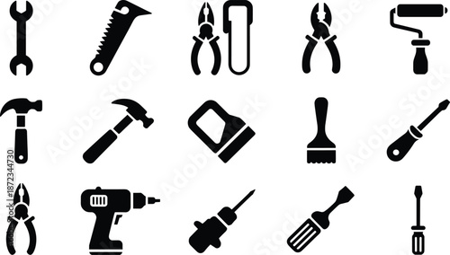 Hand Tools and Construction Equipment Icon Set Featuring Wrench, Hammer, Screwdriver, Drill, Pliers and Painting Tools in Bold Black Vector Silhouette Style