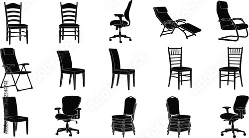 Chair silhouettes collection featuring office, dining, folding and lounge chairs, furniture set vector illustration for interior design, home decor, workspace concepts