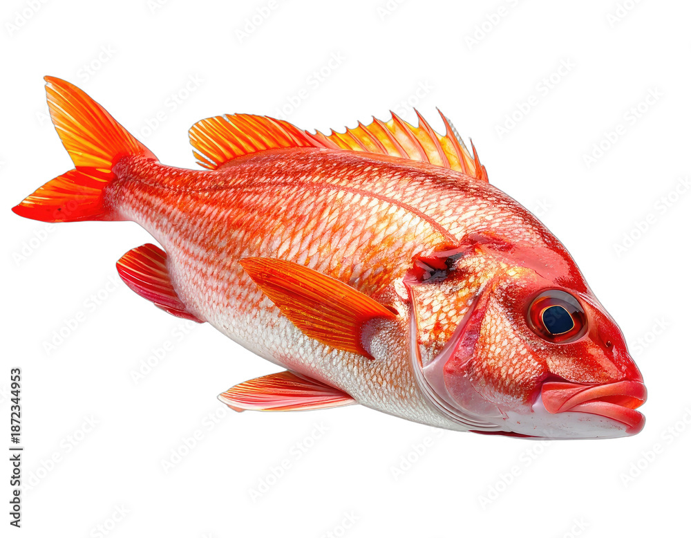 Fototapeta premium A vibrant, close-up view of a whole red fish with bright orange fins and scales, isolated on black