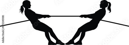 Tug of war women silhouette, competitive team sport concept, strength training challenge, black vector illustration isolated background.