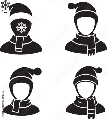 Four black and white illustrations of people wearing winter hats and scarves from a front viewpoint