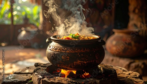 Clay pot cooking concept with Sri Lankan food, warm lighting, no people, no text