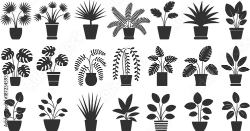Indoor houseplant silhouette icon set with potted tropical foliage, minimalist black vector illustration collection for home decor, botanical and interior design use