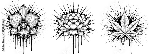 Black and White Botanical Grunge Tattoo Set