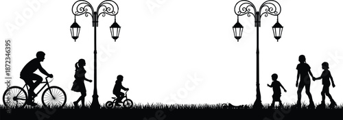 Family park scene silhouettes, parents and children walking and cycling under street lamps vector illustration, black happy people figures isolated on white background