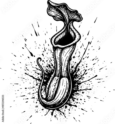 Black and white carnivorous pitcher plant grunge illustration