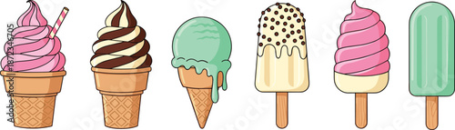 Colorful ice cream treats collection, summer dessert, cartoon style, flat design, vector art, popsicle, cone, sweet snack variety - flat vector illustration
