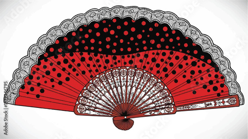 Illustration of a decorative hand fan with intricate designs and patterns on a white background