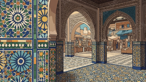 A vibrant, intricately designed Moroccan courtyard with ornate tile work and archways viewed from a central vantage point.
