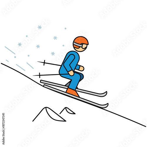 Person downhill skiing on a snowy mountain slope – minimalist winter sport illustration