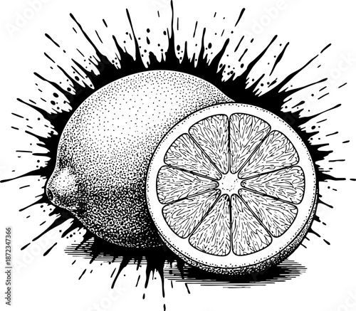 Stipple drawing of lemon fruit with ink splash effect.