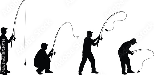 Fishing silhouette, casting sequence, angler motion, outdoor activity, sport fishing, posture change, dynamic action, black figure, flat vector illustration