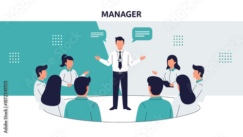 Team Meeting with Manager Leading Discussion, Business Collaboration Concept