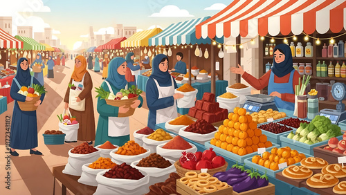 Vibrant Middle Eastern spice market scene with diverse people and colorful stalls brimming with goods