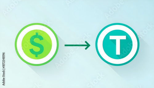 US Dollar to Tether USDT stablecoin conversion flat vector illustration with copy space for crypto wallet mobile app interface