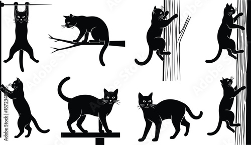 Black cat silhouette action set, climbing, jumping and hanging poses, playful feline behavior, minimalist flat vector illustration for logo, print, web design