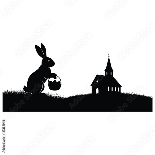 Black silhouette of a rabbit holding an easter egg near a church on a easter day