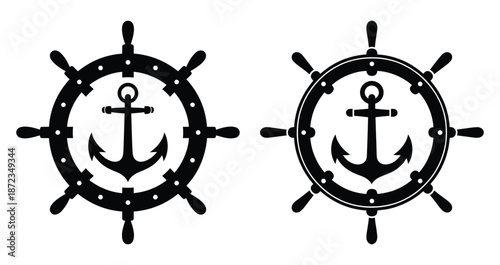Nautical steering wheels, Anchor at the center, ship's steering wheel with an anchor, Nautical symbols used in maritime-themed branding, signage, and design elements, used for logos, emblems