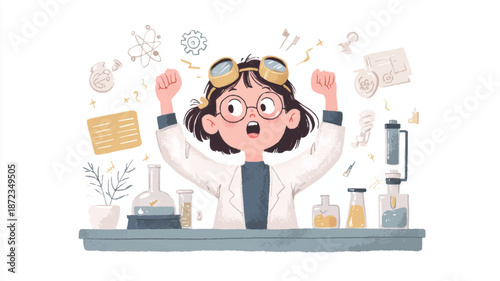Cute girl scientist conducting experiment in modern laboratory classroom, women and girls in science education vector background