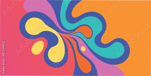 Abstract colorful floral background illustration featuring a rainbow swirl pattern with butterflies and flowers in a blue wave texture design element