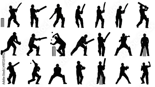 Cricket players in action, silhouetted against a white background, showcasing various batting and bowling techniques.