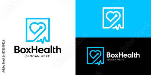 Creative simple box health logo template. Square box with love stethoscope pulse for medical logo design vector illustration.