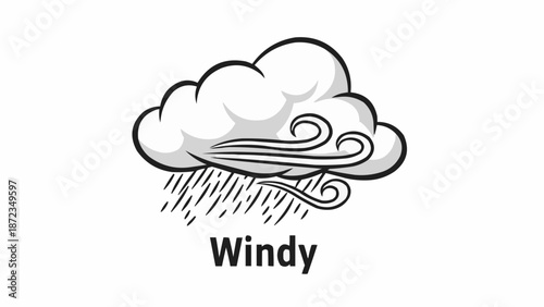 Cartoon illustration of a windy cloud with rain and text.