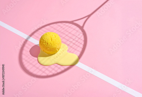 Creative conceptual photography that juxtaposes a scoop of melting yellow ice cream with the shadow of a tennis racket on a pink background. Minimalist aesthetic