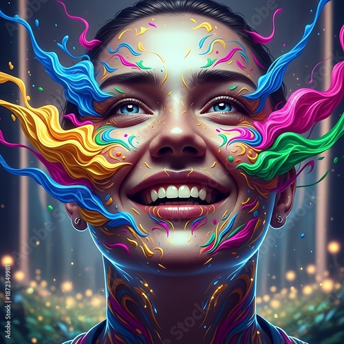 Surreal portrait expressing joy through colorful textures and flowing motion, cinematic light, modern fantasy style
