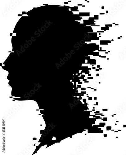 Abstract profile silhouette of human head disintegrating into pixels.