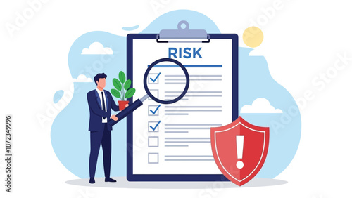 Business Risk Analysis With Clipboard, Magnifier, And Shield, Highlighting Proactive Safety Measures